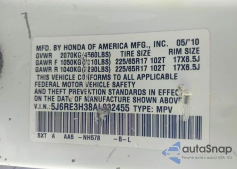 2010 Honda Cr-V Lx из США, поврежденный, VIN 5J6RE3H38AL032455